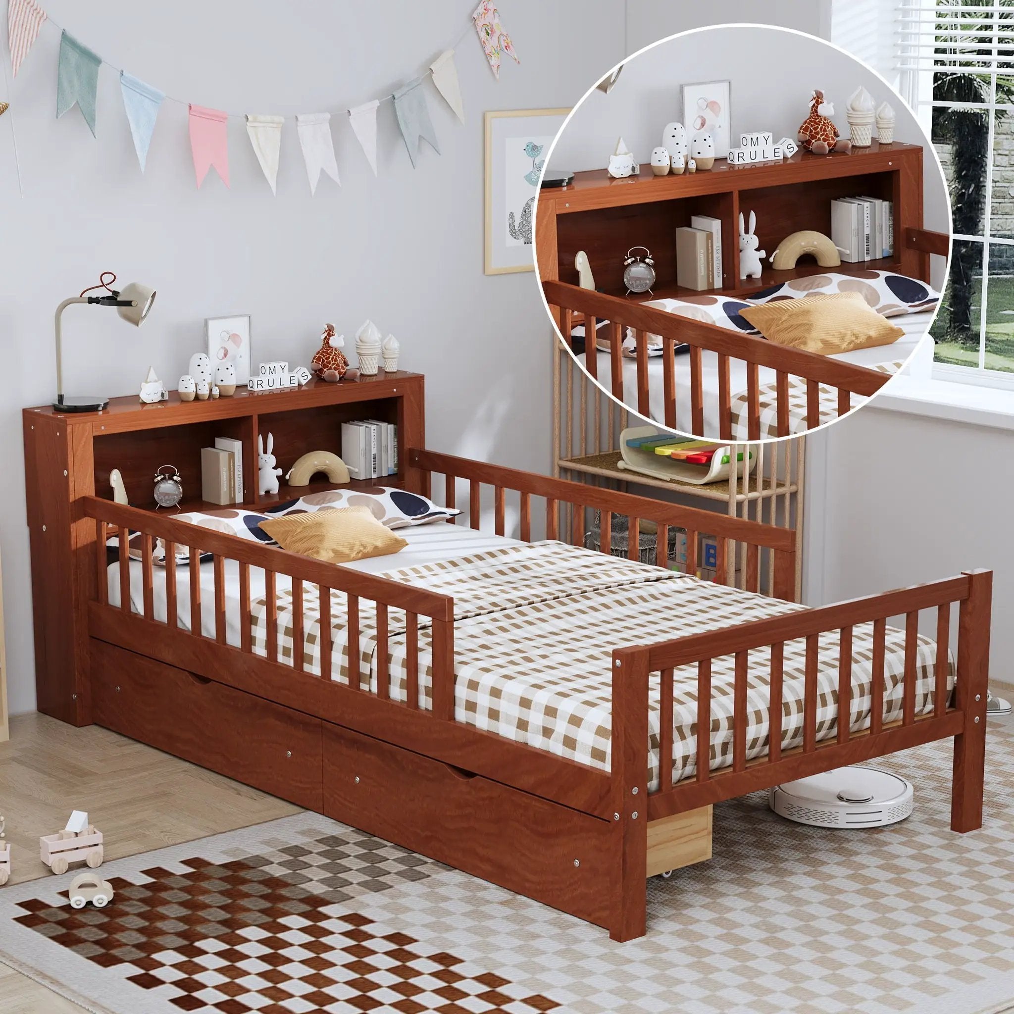 Bed With Headboard Storage Rack, 2 Under Bed Drawers, 3 Side Guardrails For Safety by HouseOfZazla
