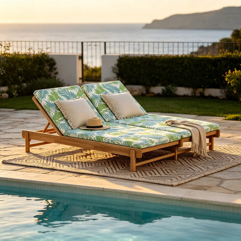 Light Teak Acacia Wood Double Chaise Lounger Set by HouseOfZazla