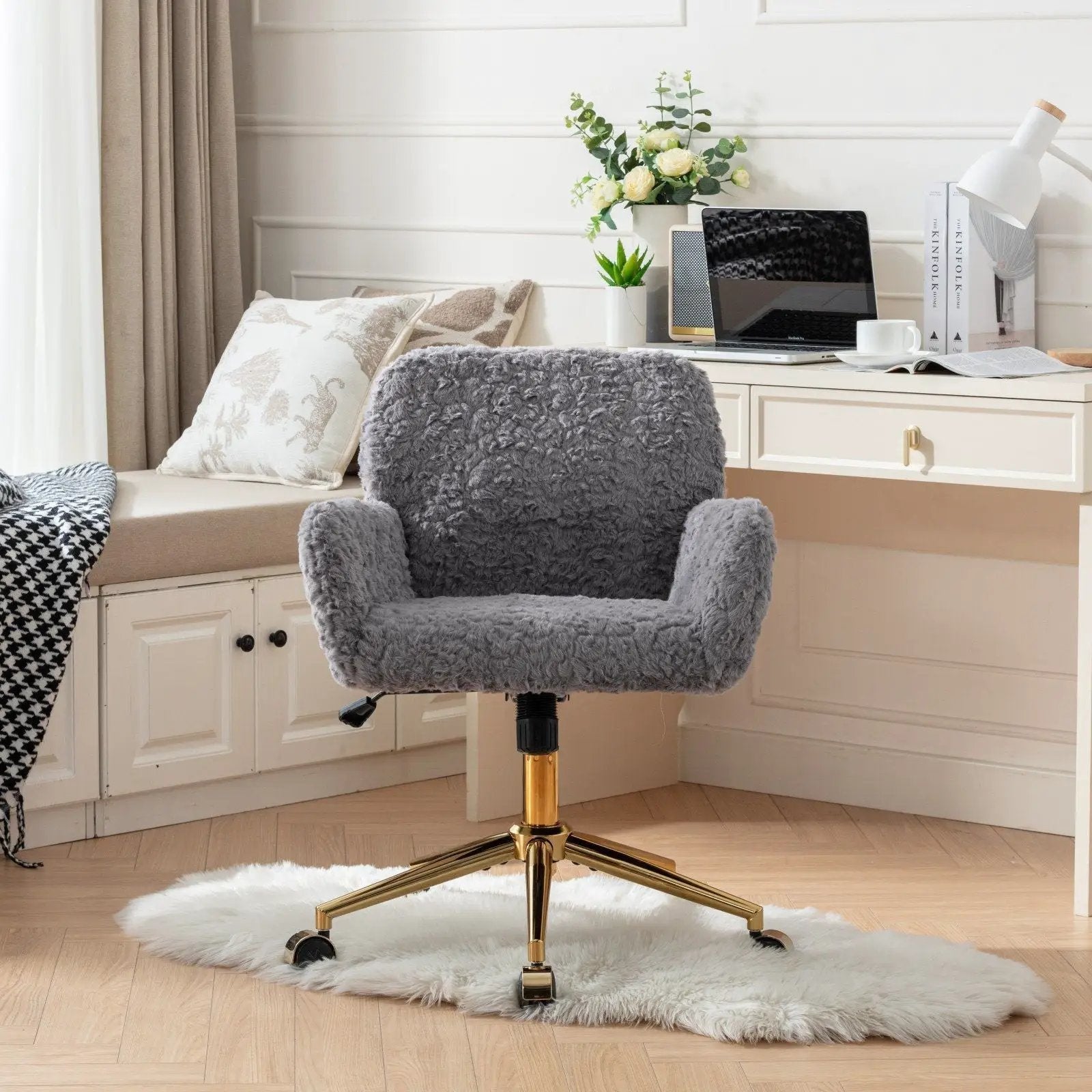 Office Chair, Artificial Rabbit Hair Home Office Chair With Metal Base, Adjustable Desk Chair Swivel Office Chair, Vanity Chair by HouseOfZazla