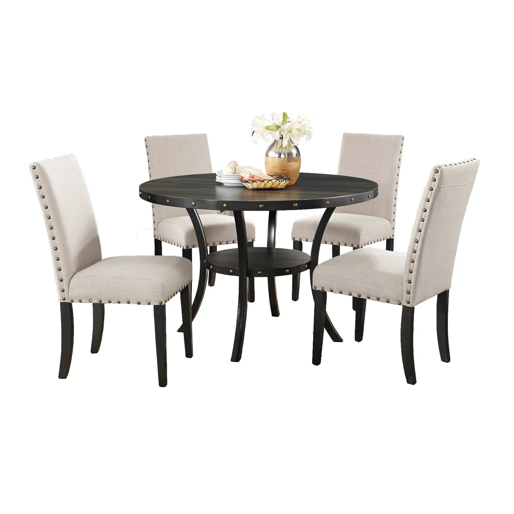 Biony Espresso Wood Dining Set with Tan Fabric Nailhead Chairs by HouseOfZazla