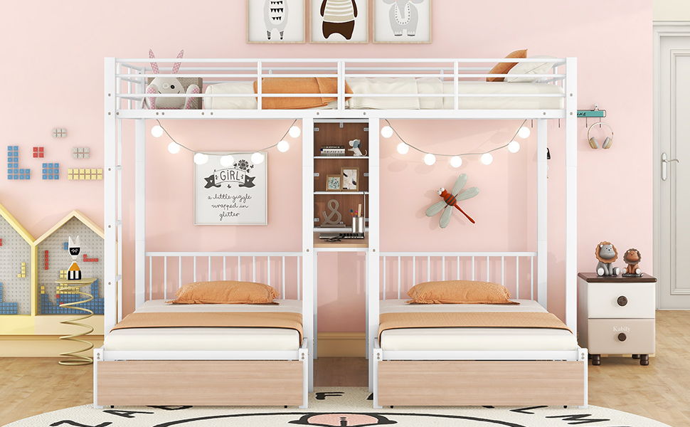 Triple Bunk Bed With Drawers, Multi-Functional Frame With Desks And Shelves In The Middle by HouseOfZazla