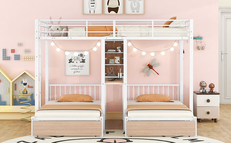 Triple Bunk Bed With Drawers, Multi-Functional Frame With Desks And Shelves In The Middle by HouseOfZazla