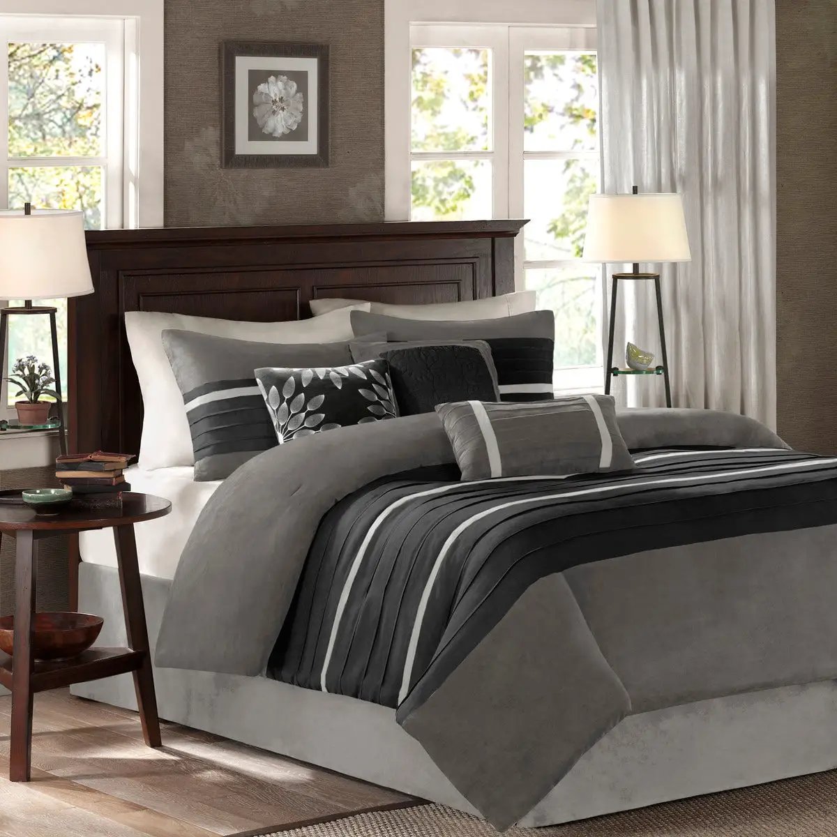 7 Pc Pieced Faux Suede Comforter Set Black Queen by HouseOfZazla