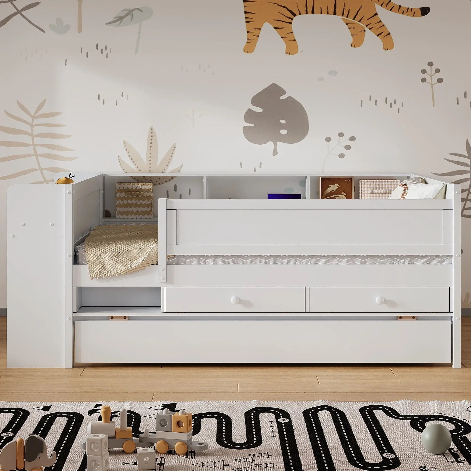 Twin Daybed With Drawers, Trundle, Headboard Storage, Study Desk, And USB Charging Station - White by HouseOfZazla