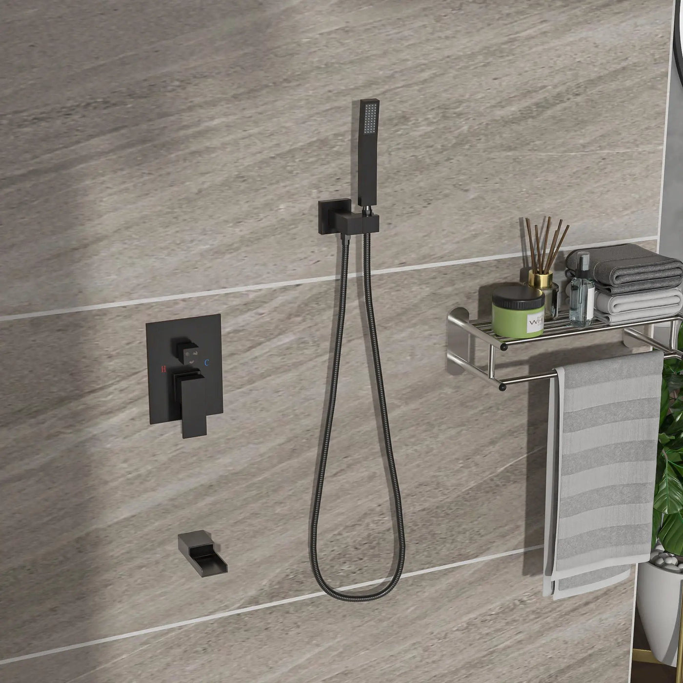 Modern Shower System With Waterfall Tub Spout, 12" Ceiling Mount Square Shower by HouseOfZazla