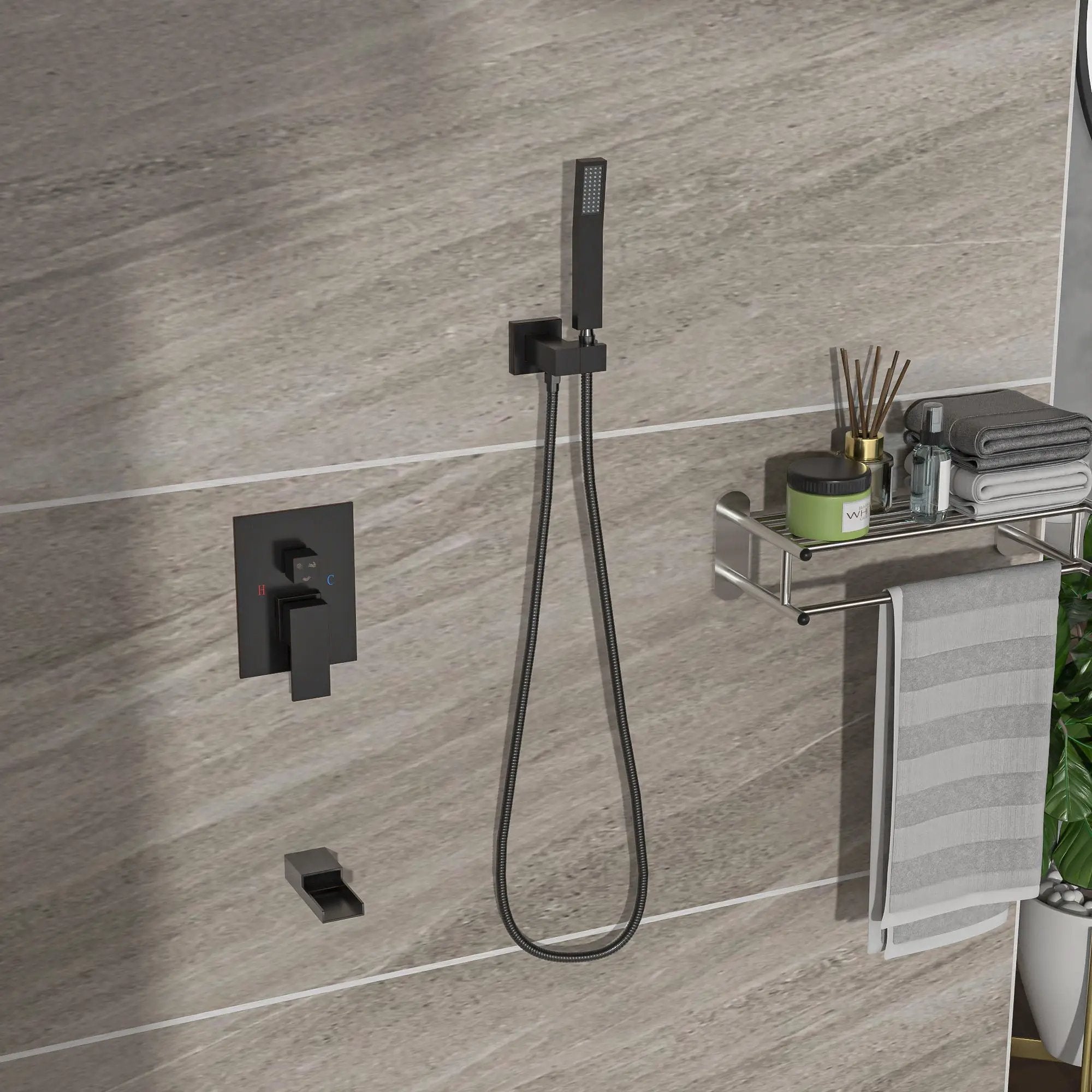 Modern Shower System With Waterfall Tub Spout, 12" Ceiling Mount Square Shower by HouseOfZazla