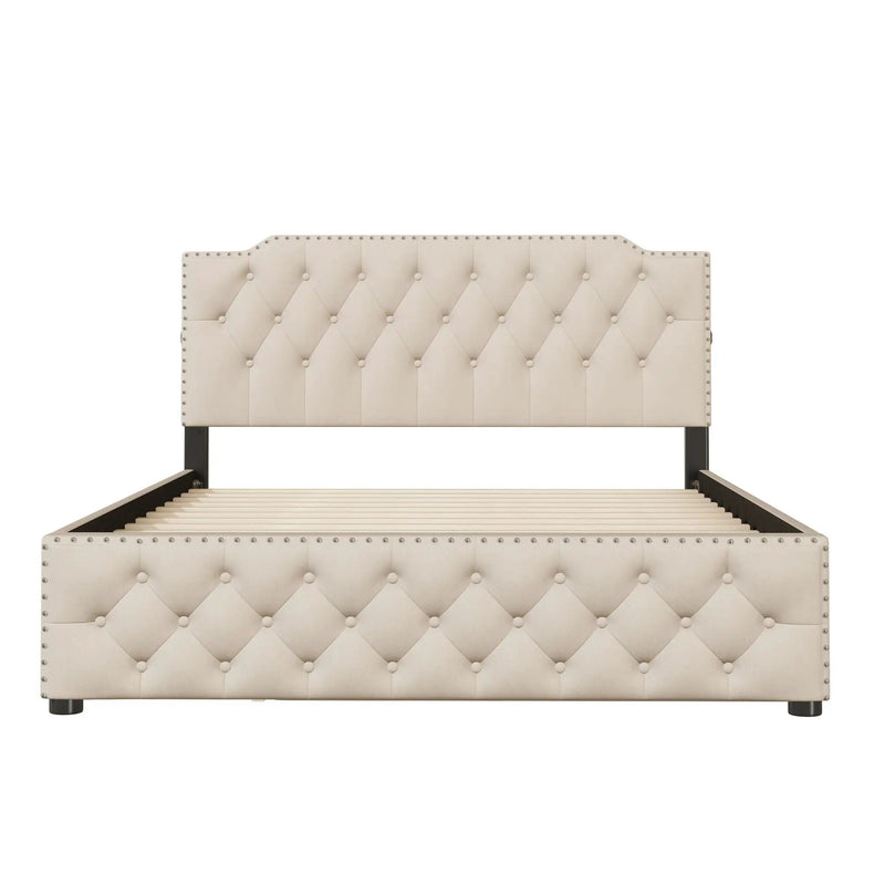 Upholstered Platform Bed With Trundle And 2 Sets Of USB Ports On Each Side, Fabric by HouseOfZazla