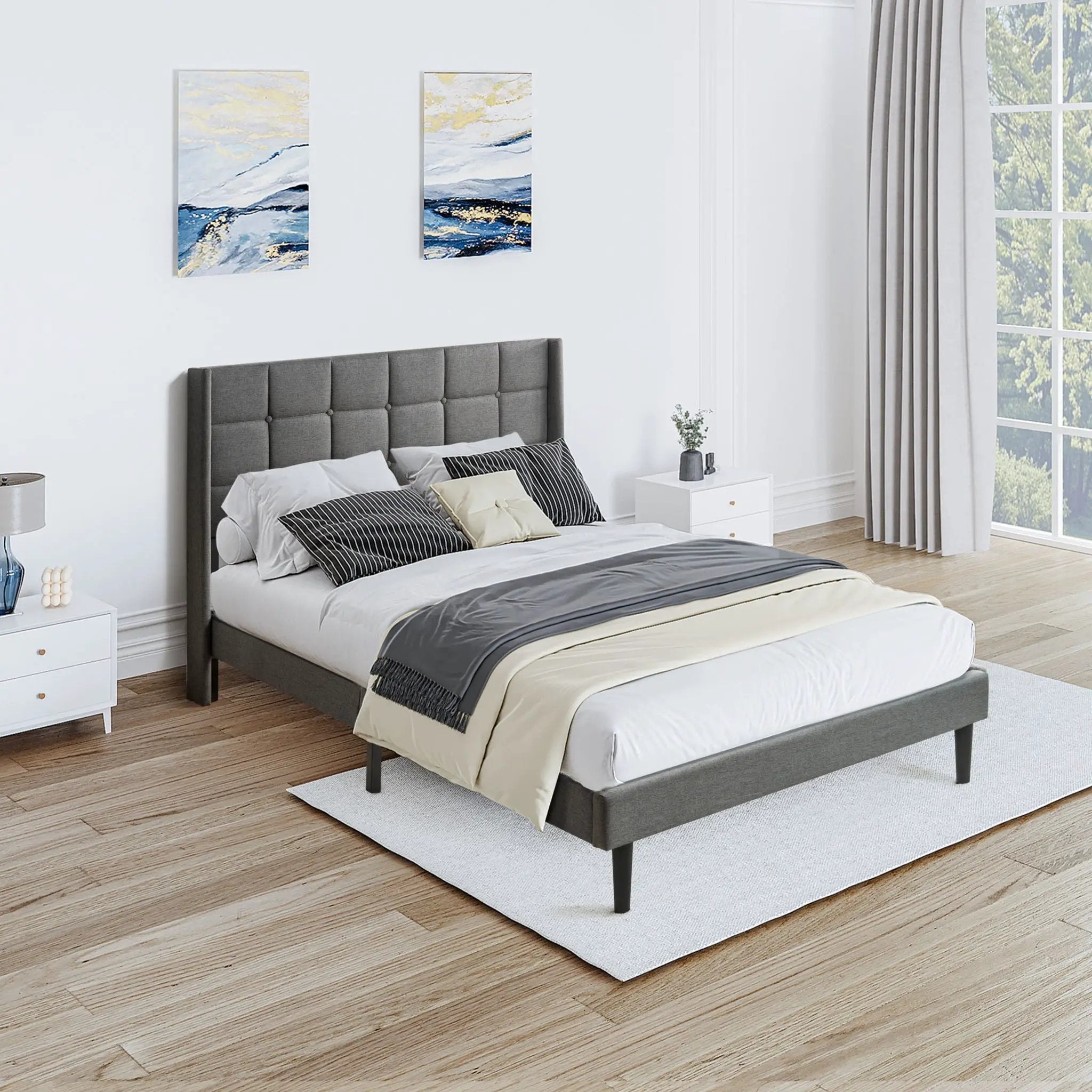 Queen Size Upholstered Platform Bed Frame With Button Tufted Linen Fabric Headboard - Dark Gray by Unique Piece Furniture