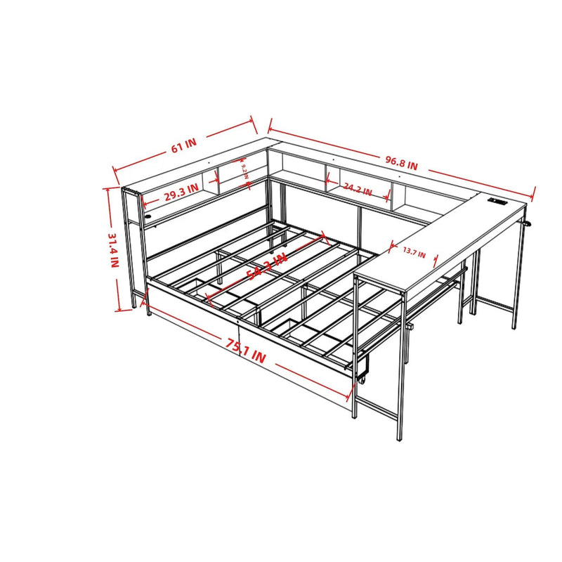 Corner Bed Frame Full Size with Bookcase and Storage Drawers by HouseOfZazla