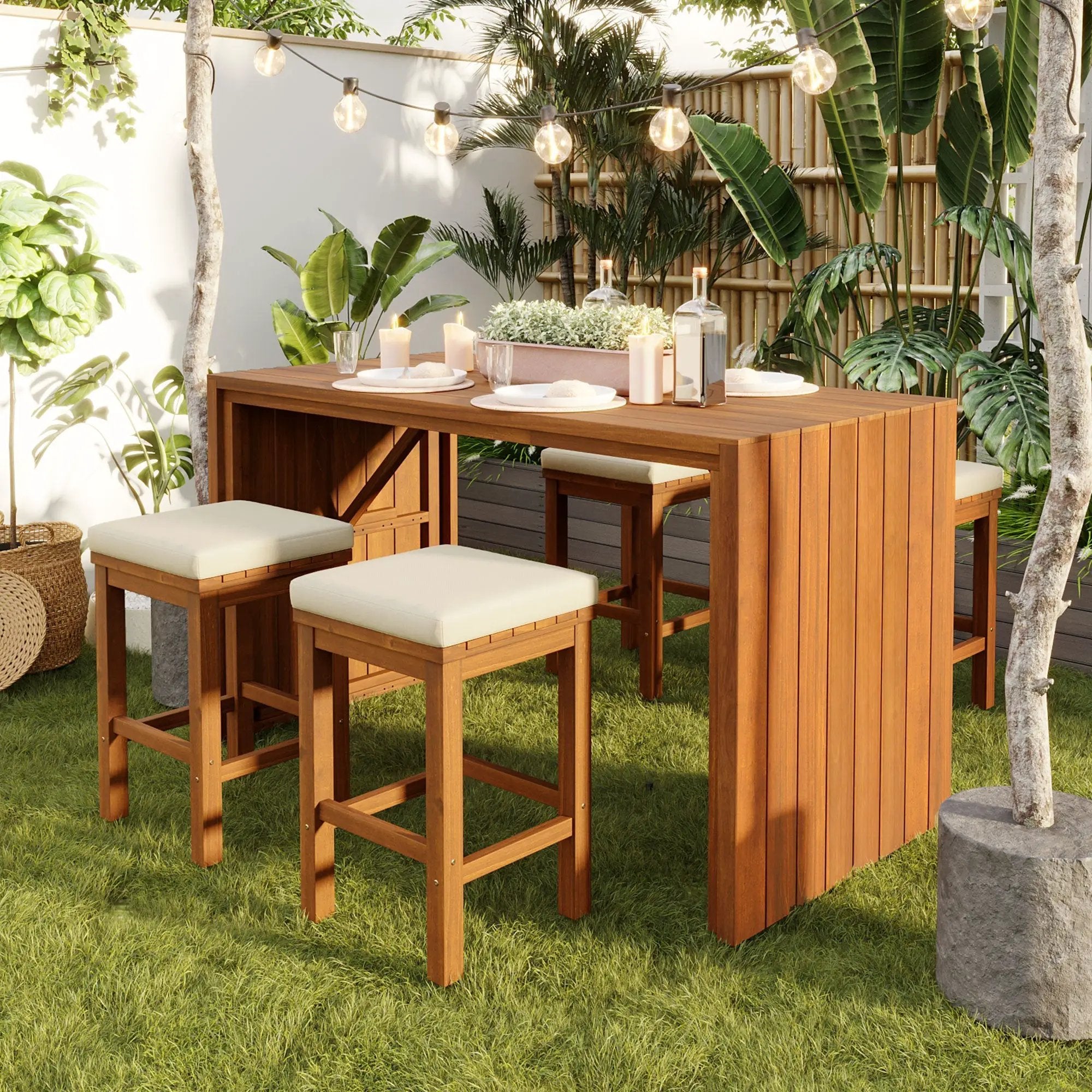 5 Piece Outdoor Bar Set with Acacia Wood Table & Cushioned Stools by HouseOfZazla