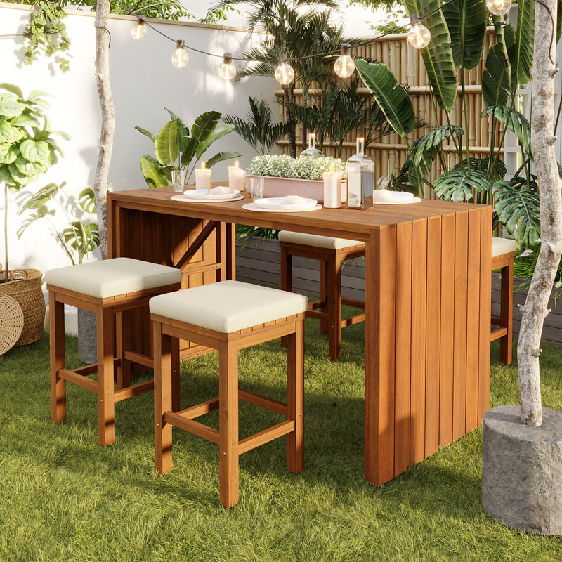 5 Piece Outdoor Bar Set with Acacia Wood Table & Cushioned Stools by HouseOfZazla