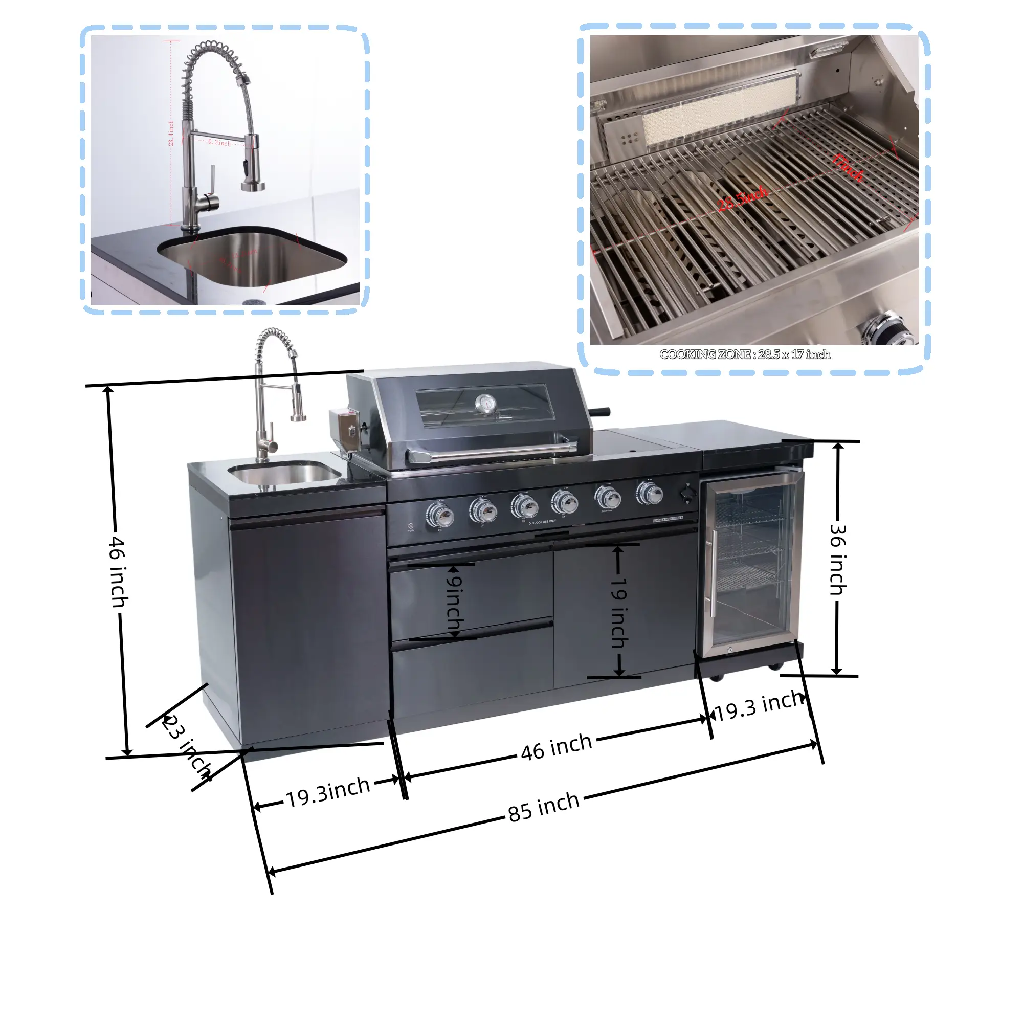 NG 85" 4-Burner 72,000 BTU Black Outdoor Kitchen Island Grill + Refrigerator + Sink by Chery Industrial
