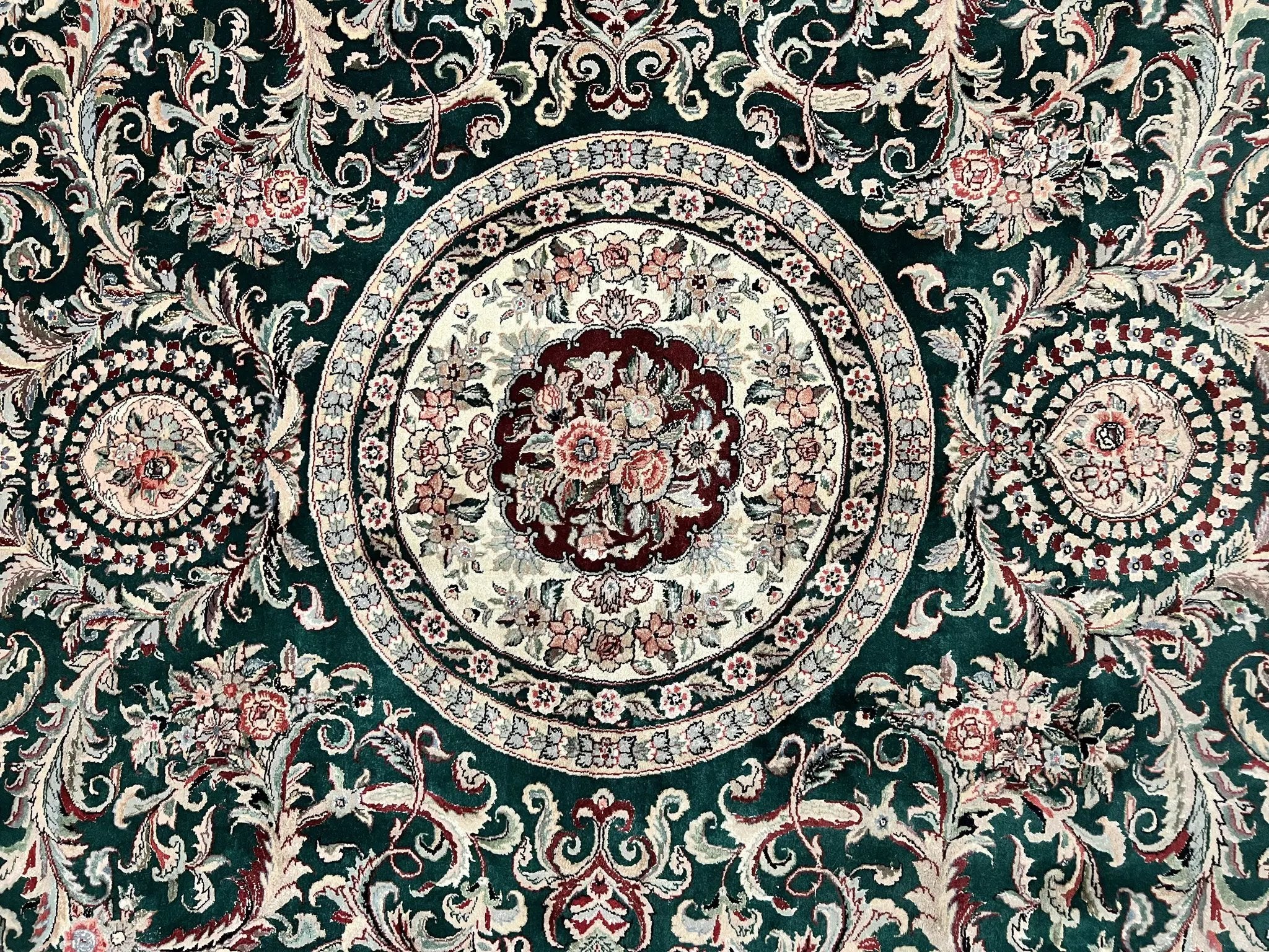 Pak Persian Rug 9x12, Dark Green and Cream, Floral Medallion, Elegant Handmade Wool Carpet 9 x 12 by Jewel Rugs