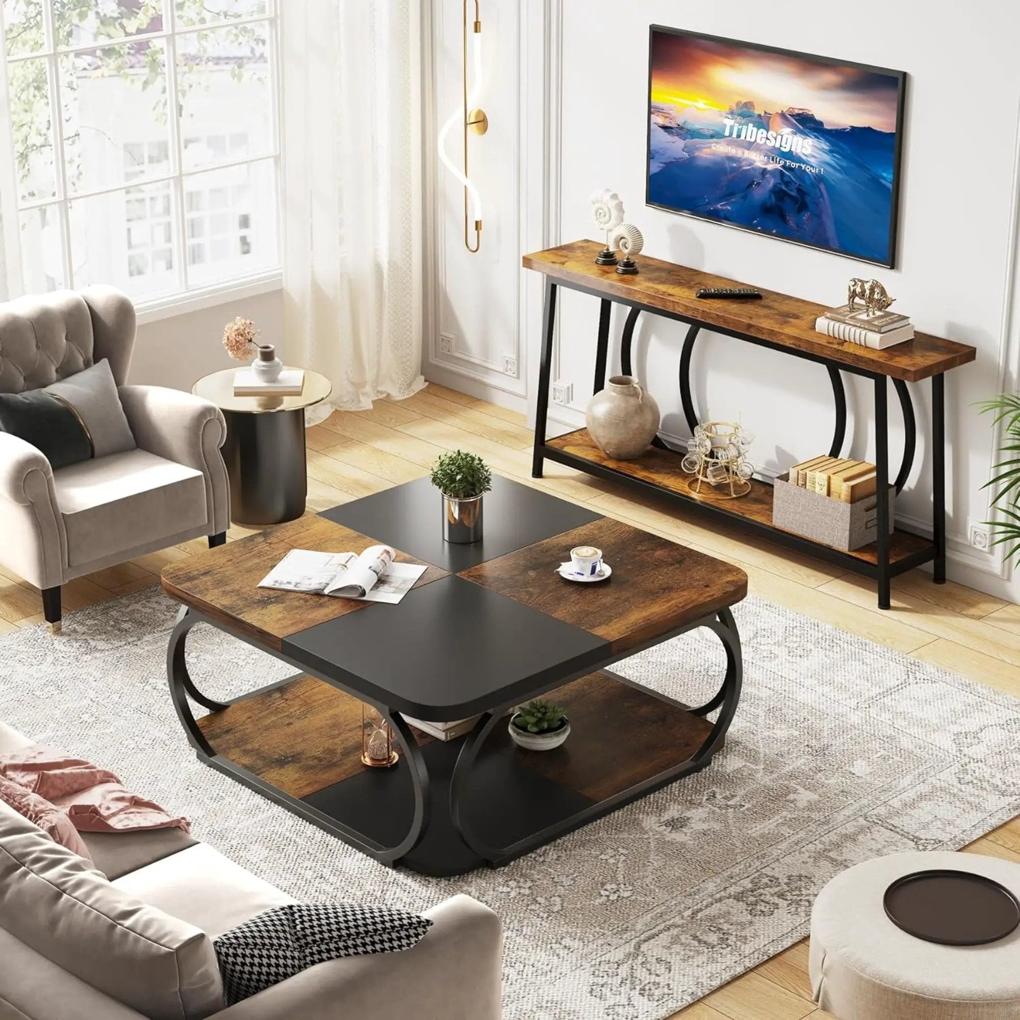 Square Coffee Table With Storage Shelf, 2 Tier For Living Room - Brown / Black by HouseOfZazla