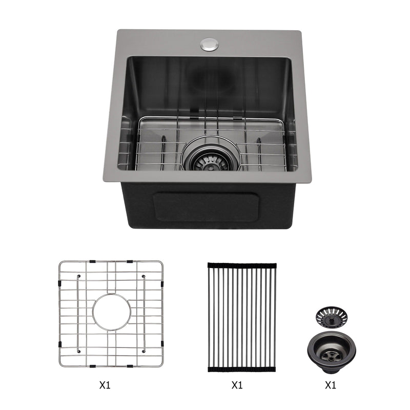 Topmount 16G Stainless Steel Kitchen Sink Deep Single Bowl - Gunmetal Black by HouseOfZazla