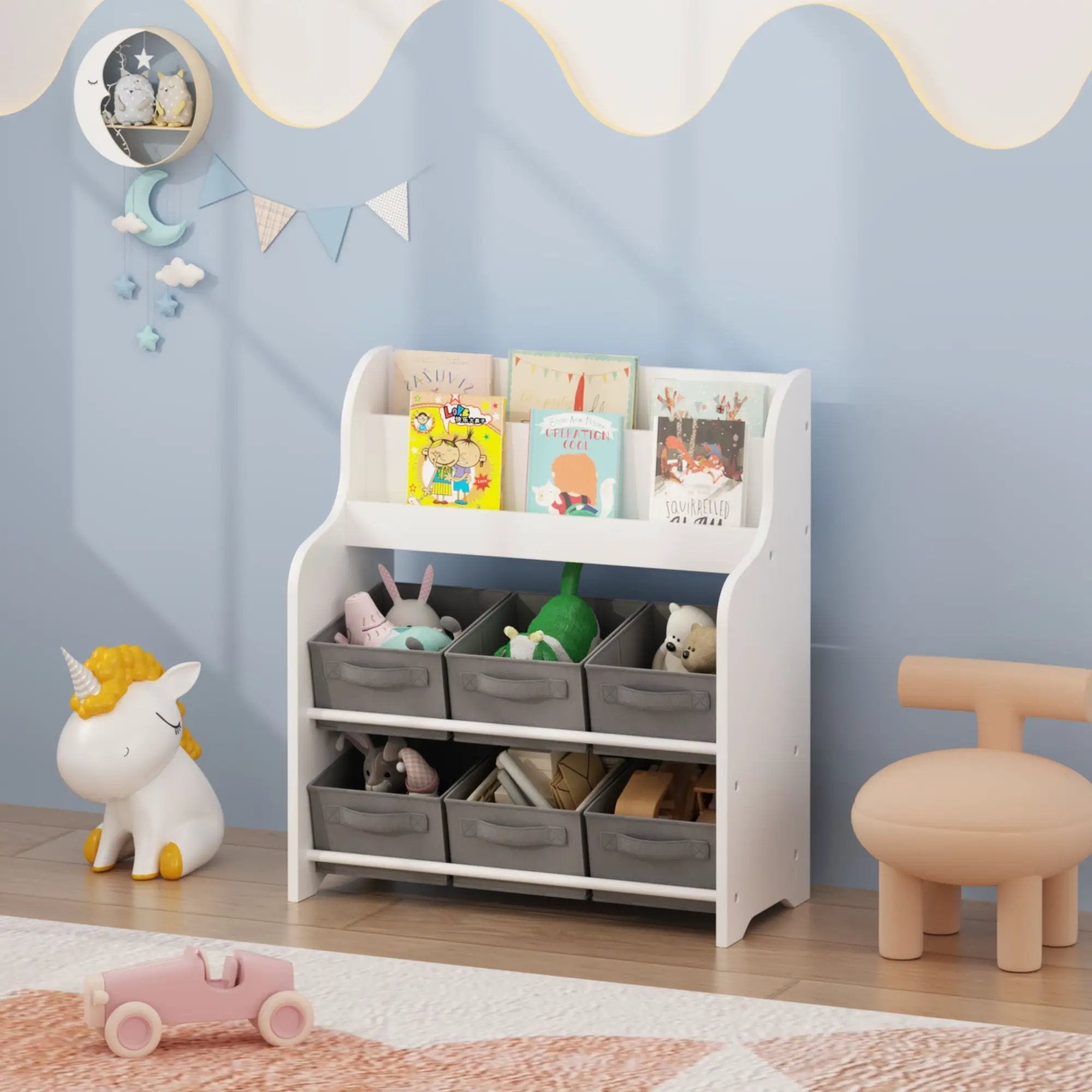Bookshelf With 6 Storage Bins, Multi Functional Children's Bookcase And Toy Organizer - White by Unique Piece Furniture
