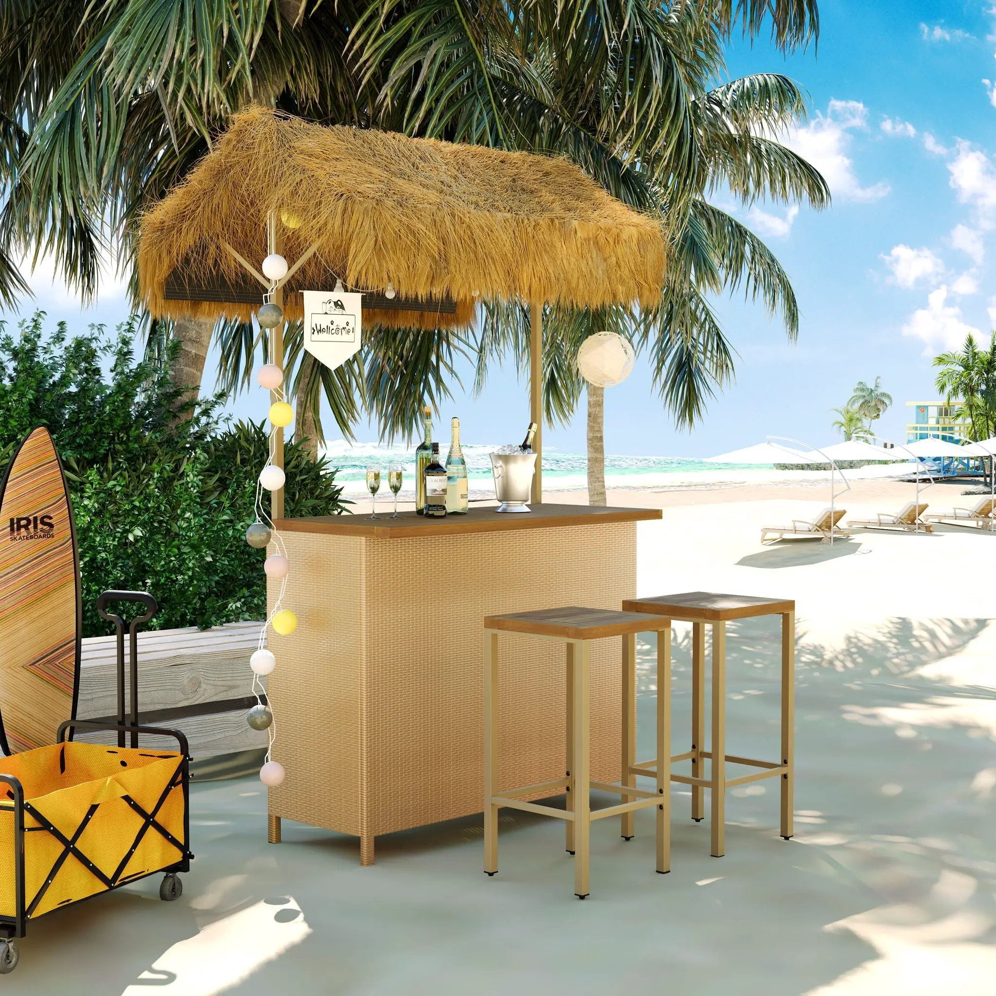 Hawaiian-Style Bar Height Patio Set With PE Grass Canopy, Outdoor Bar Table And Stools With Adjustable Feet, Acacia Wood Top, For Dining And Drinking - Natural by Unique Piece Furniture