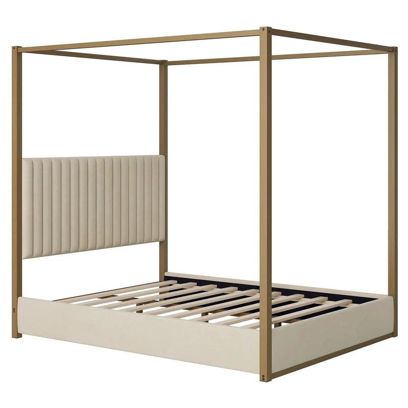 Upholstered Canopy Platform Bed With Frame, Queen Size - Beige by HouseOfZazla