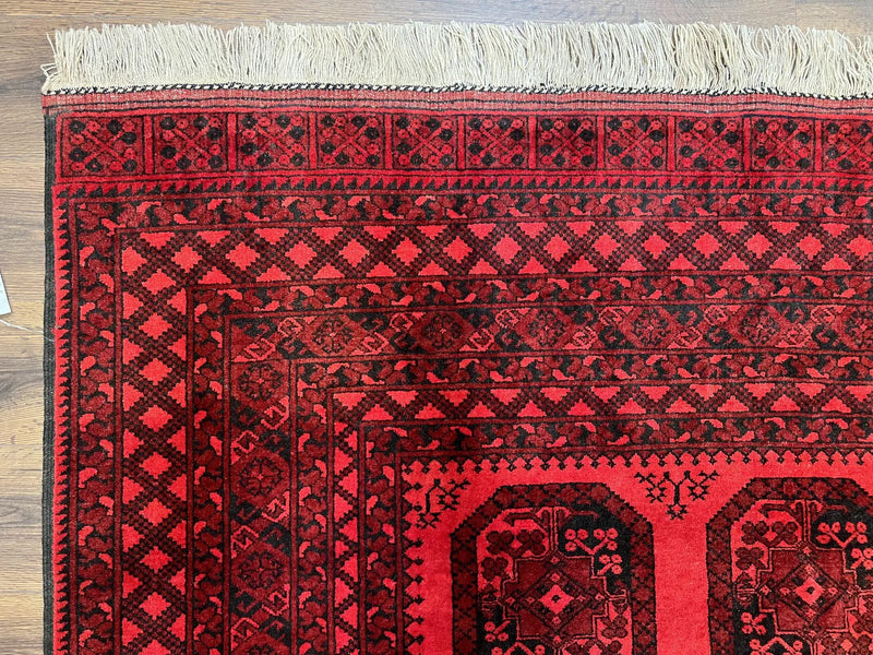 Afghan Turkoman Rug 7x10, Vintage Yamud Beshir Bokhara Carpet, Red and Black Bukhara Hand-Knotted Oriental Wool Handmade Rug, Elephant Foot by Jewel Rugs