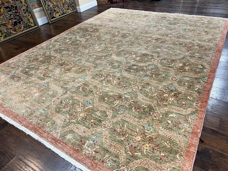 Large Modern Pakistani Rug 9x12, Handmade Wool Carpet, Peshawar Rug, Hand Knotted Oriental Rug, Contemporary, Floral, Light Green by Jewel Rugs