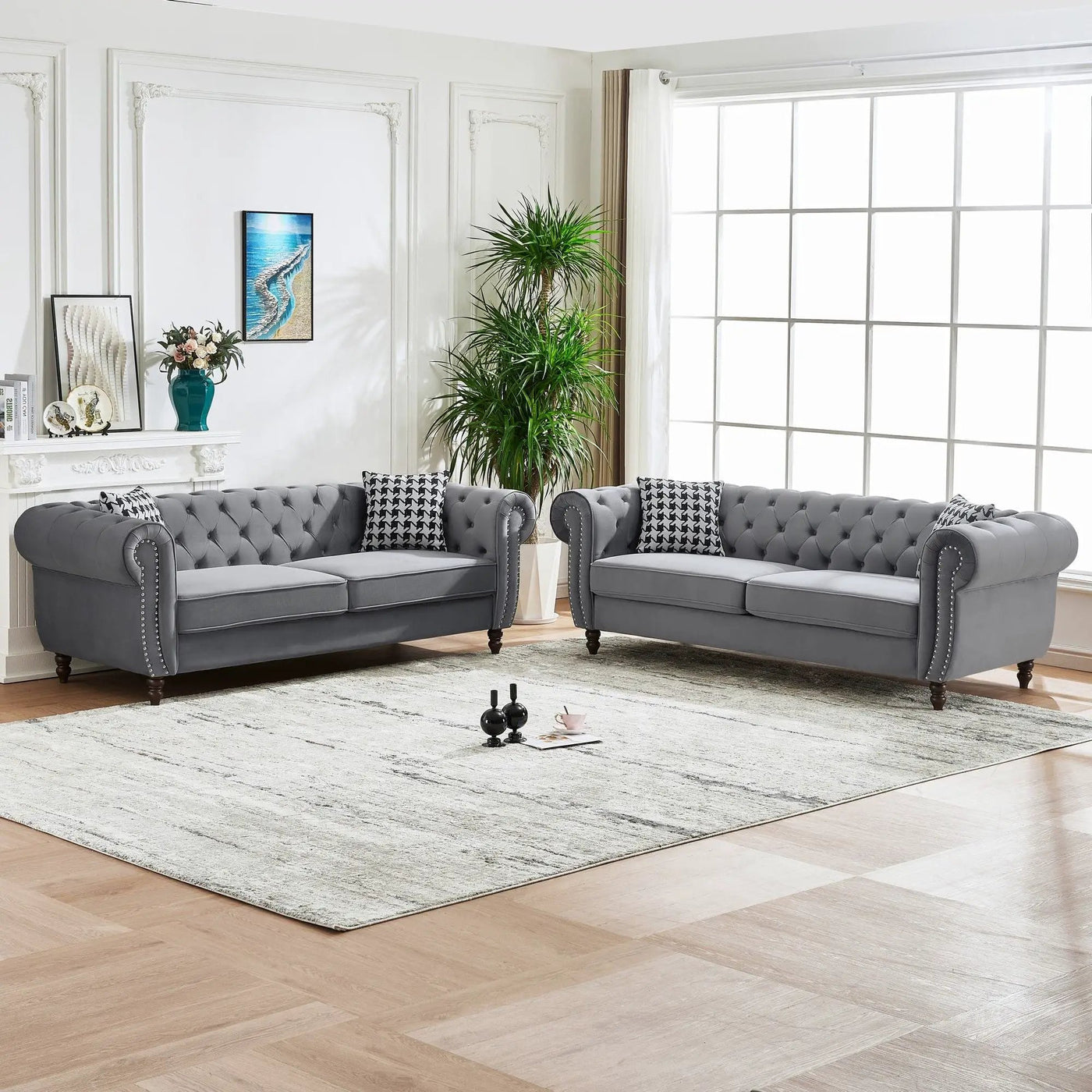 Chesterfield Upholstery Fabric Sofa With Roll Armrest & Nailhead, Mid Century Modern 3 And 3 Seater Couch by Unique Piece Furniture