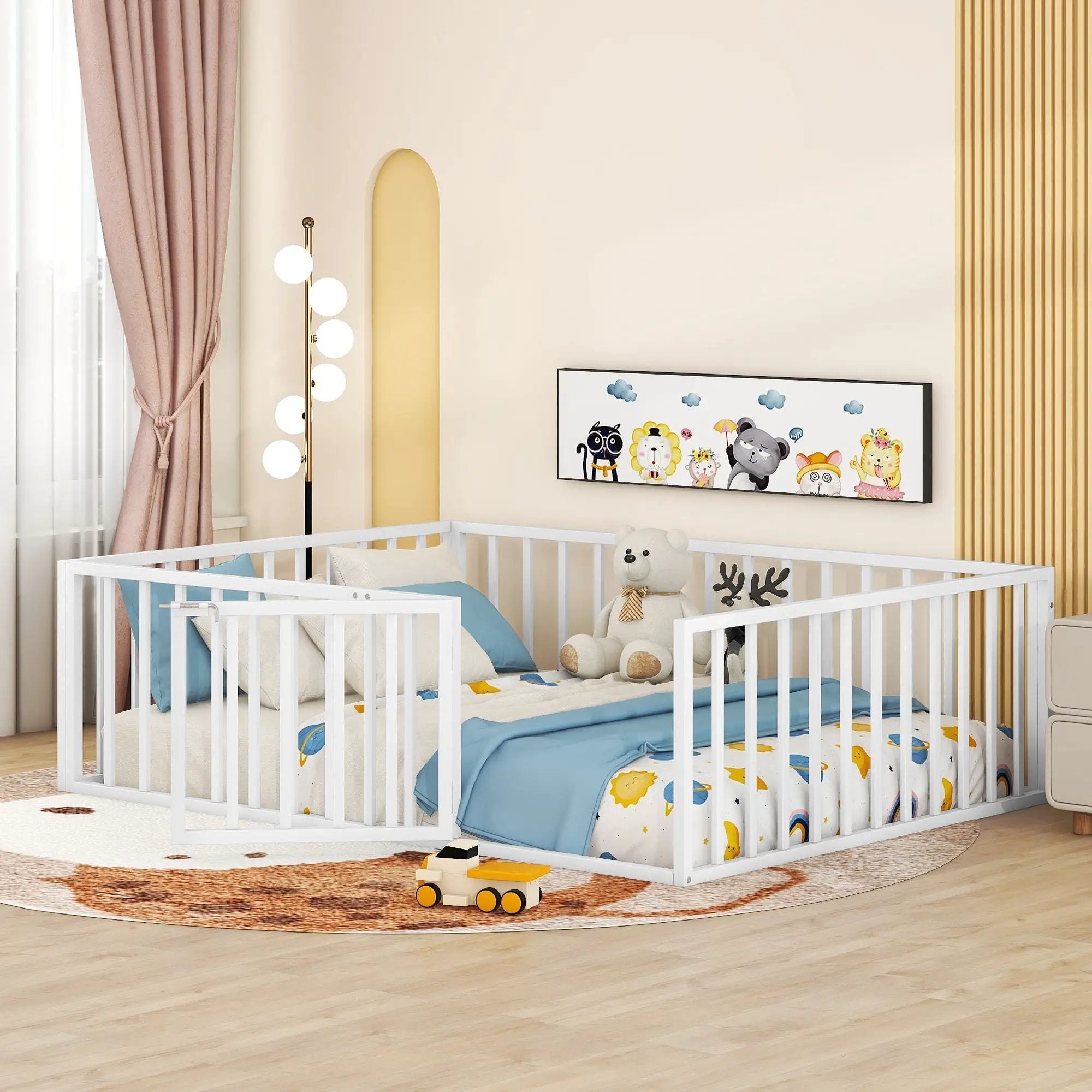 Metal Floor Bed Frame With Fence And Door by HouseOfZazla
