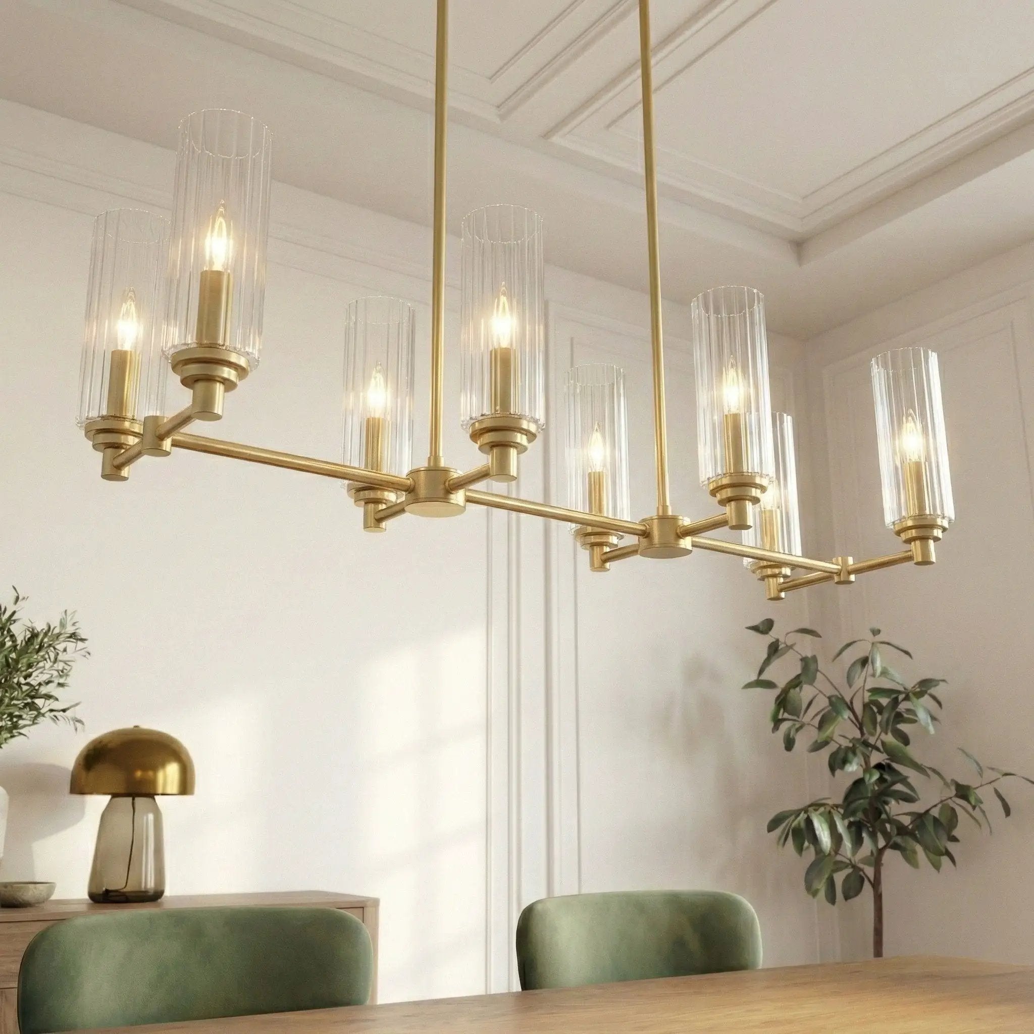 Willow - 8 Lights Island With Clear Ribbed Pendant Lamp Satin - Antique Brass / Clear / Gold by Unique Piece Furniture