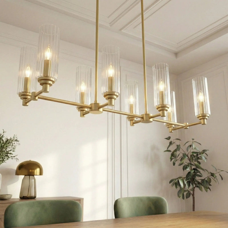 Willow - 8 Lights Island With Clear Ribbed Pendant Lamp Satin - Antique Brass / Clear / Gold by Unique Piece Furniture