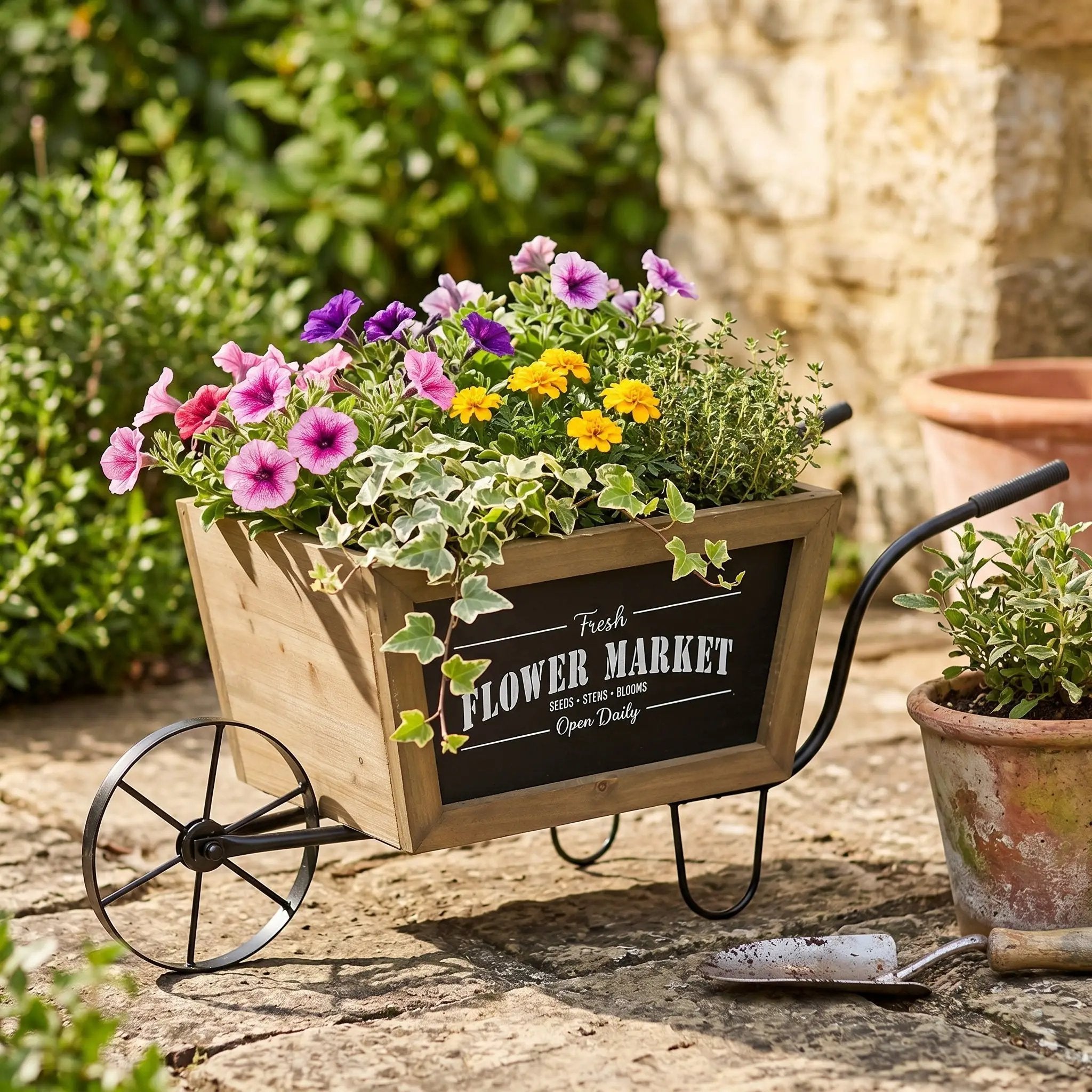 Farmhouse Wheelbarrow Planter with Flower Market Sign by HouseOfZazla