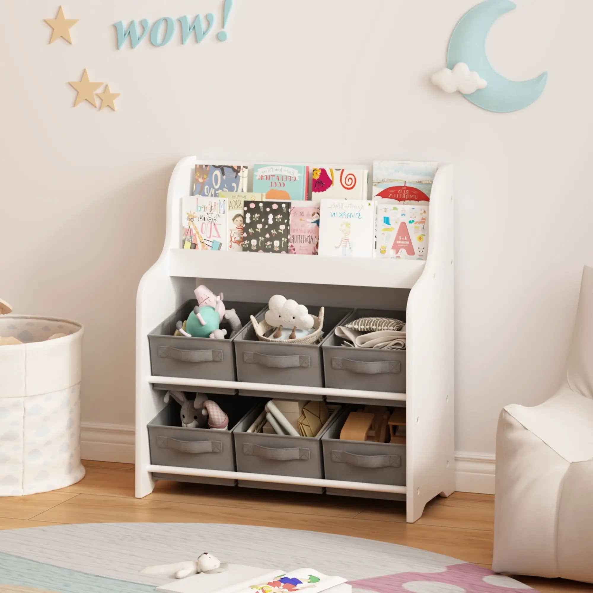 Bookshelf With 6 Storage Bins, Multi Functional Children's Bookcase And Toy Organizer - White by Unique Piece Furniture