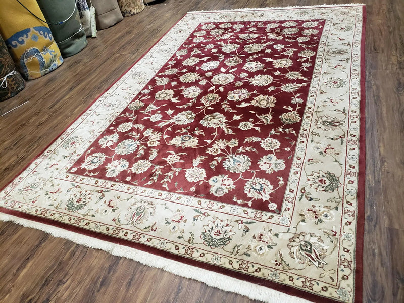Vintage Traditional Oriental Area Rug, Hand-Knotted, Wool & Silk Accents, Maroon Red and Beige, 6x9 Carpet, 5' 9" x 9' by Jewel Rugs