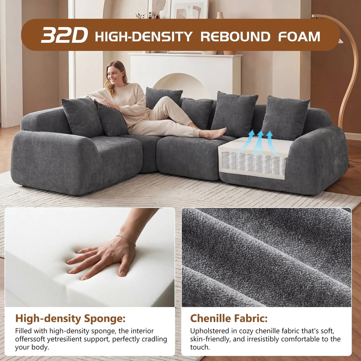 Oversized Cloud Velvet Curved Sectional Couch - 118' by HouseOfZazla