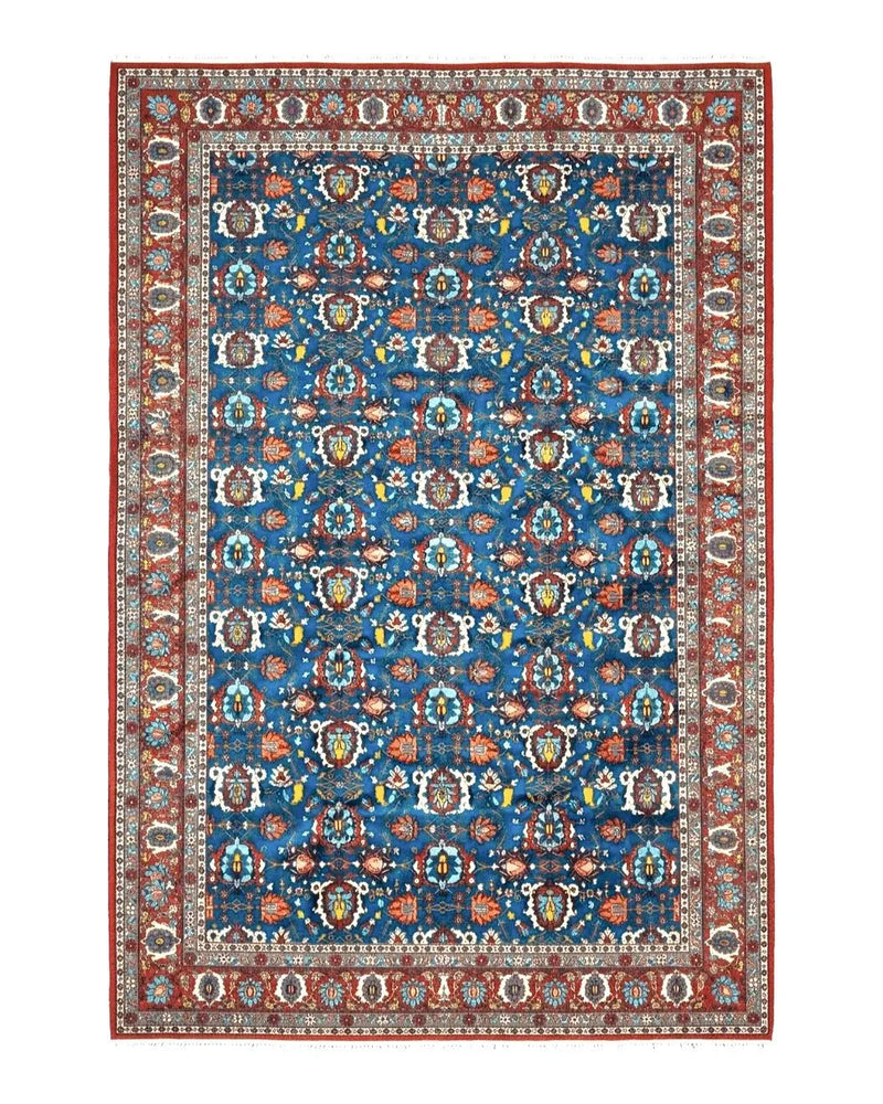 Rare Antique Persian Veramin Carpet, Mina-Khani Pattern, Blue, Red, Ivory, 7x11 ft, Hand-Knotted, Wool by Jewel Rugs