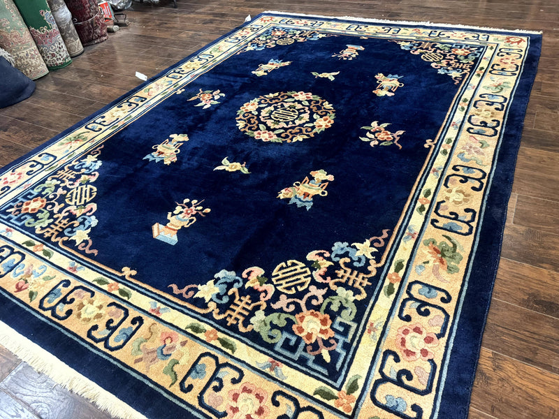 Chinese Wool Rug 8x11, Navy Blue and Beige, Simple Design, Fete Carpet by Jewel Rugs
