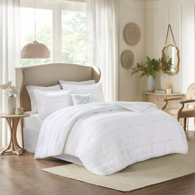 5 Piece Microfiber Ruffled Comforter Set White Queen by HouseOfZazla