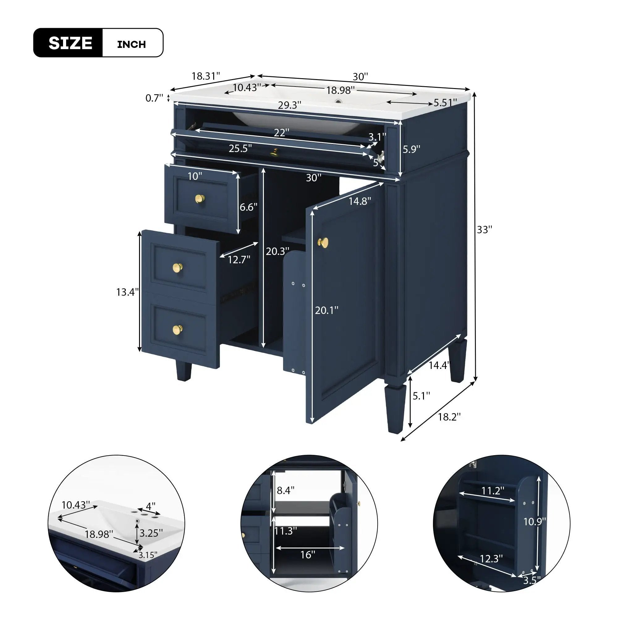 Bathroom Vanity With Top Sink, Storage Cabinet With 2 Drawers, Tip Out Drawer by Unique Piece Furniture