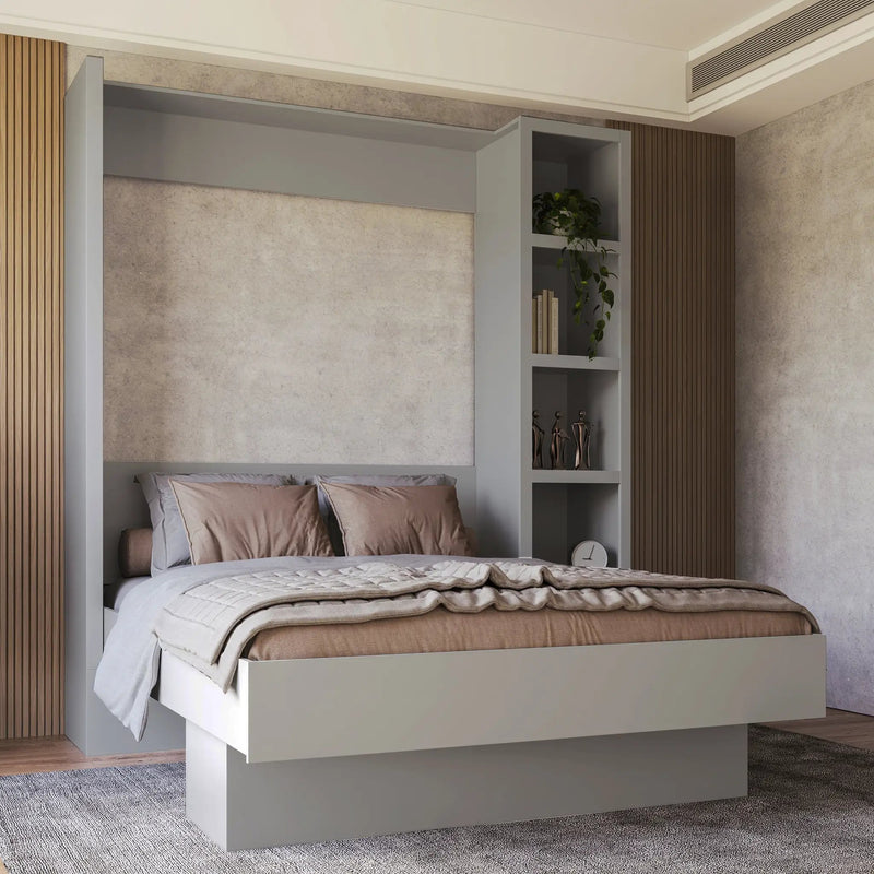 Easy-Lift Queen Murphy Wall Bed in Grey with Bookshelf by Sharicks