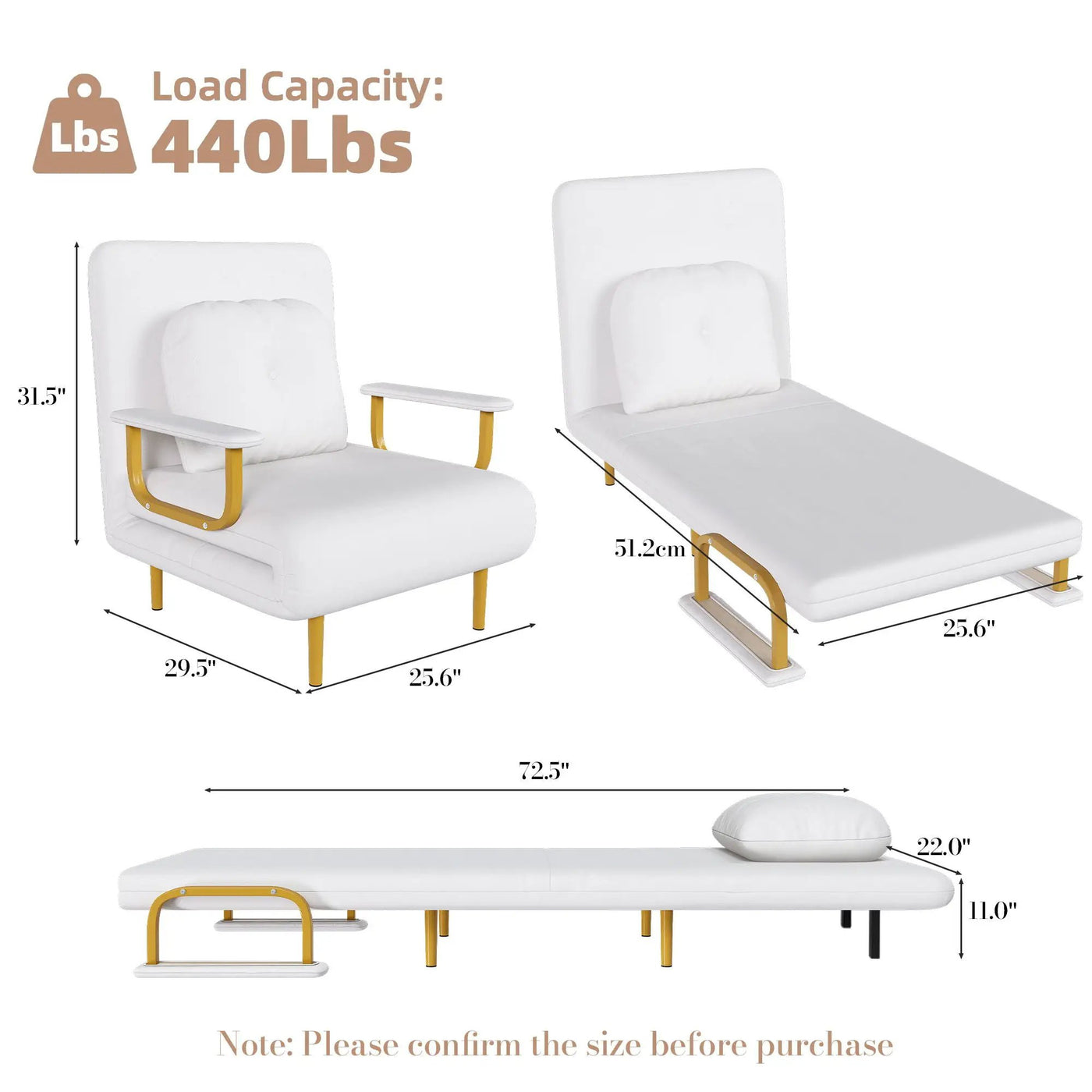 3 In 1 Convertible Folding Sofa Bed With Adjustable Backrest And Pillow by Unique Piece Furniture