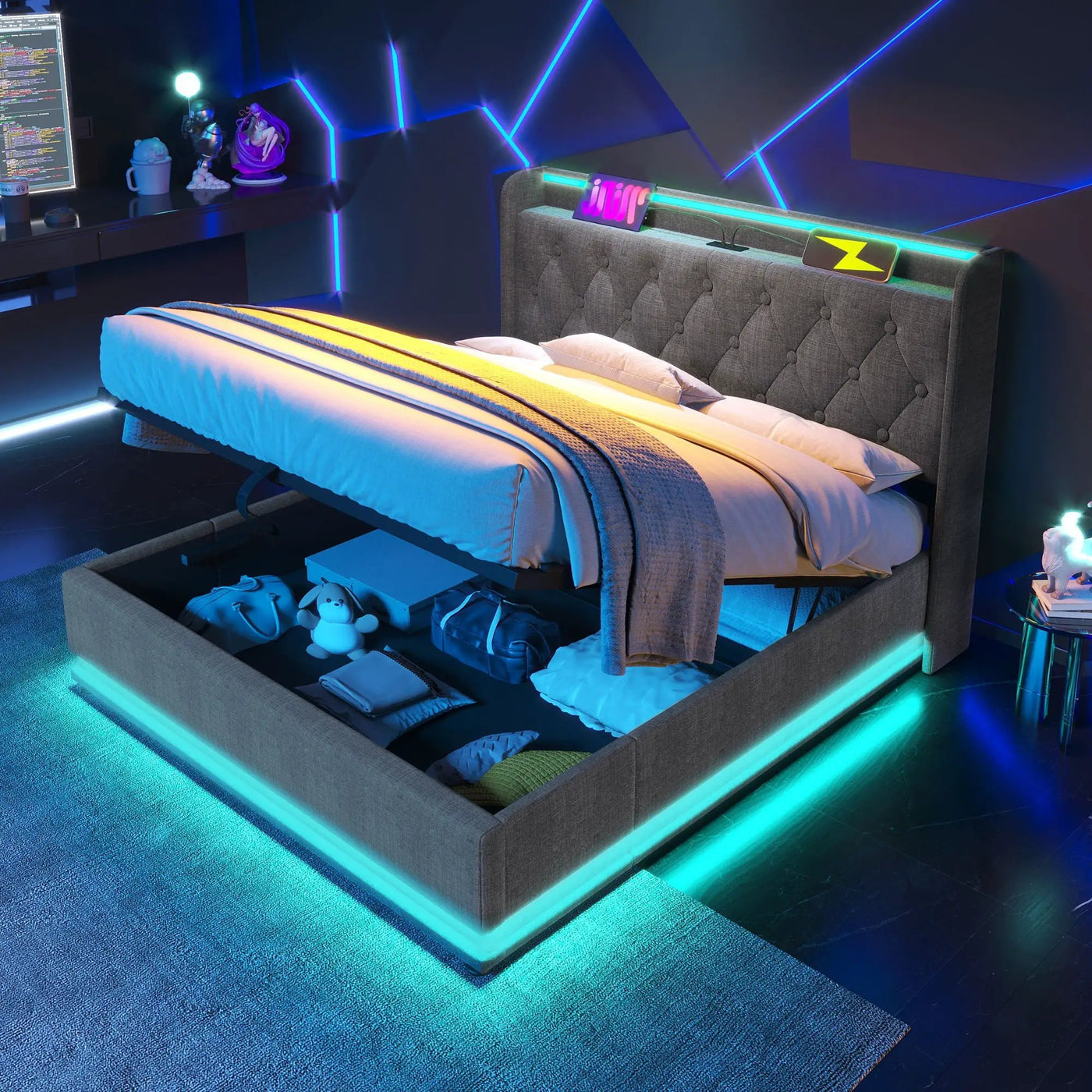 Upholstered Bed, 360 Surround LED Function, Remote Control, Hydraulic Storage Bed With USB, Type-C Charging (Without Mattress) by Unique Piece Furniture