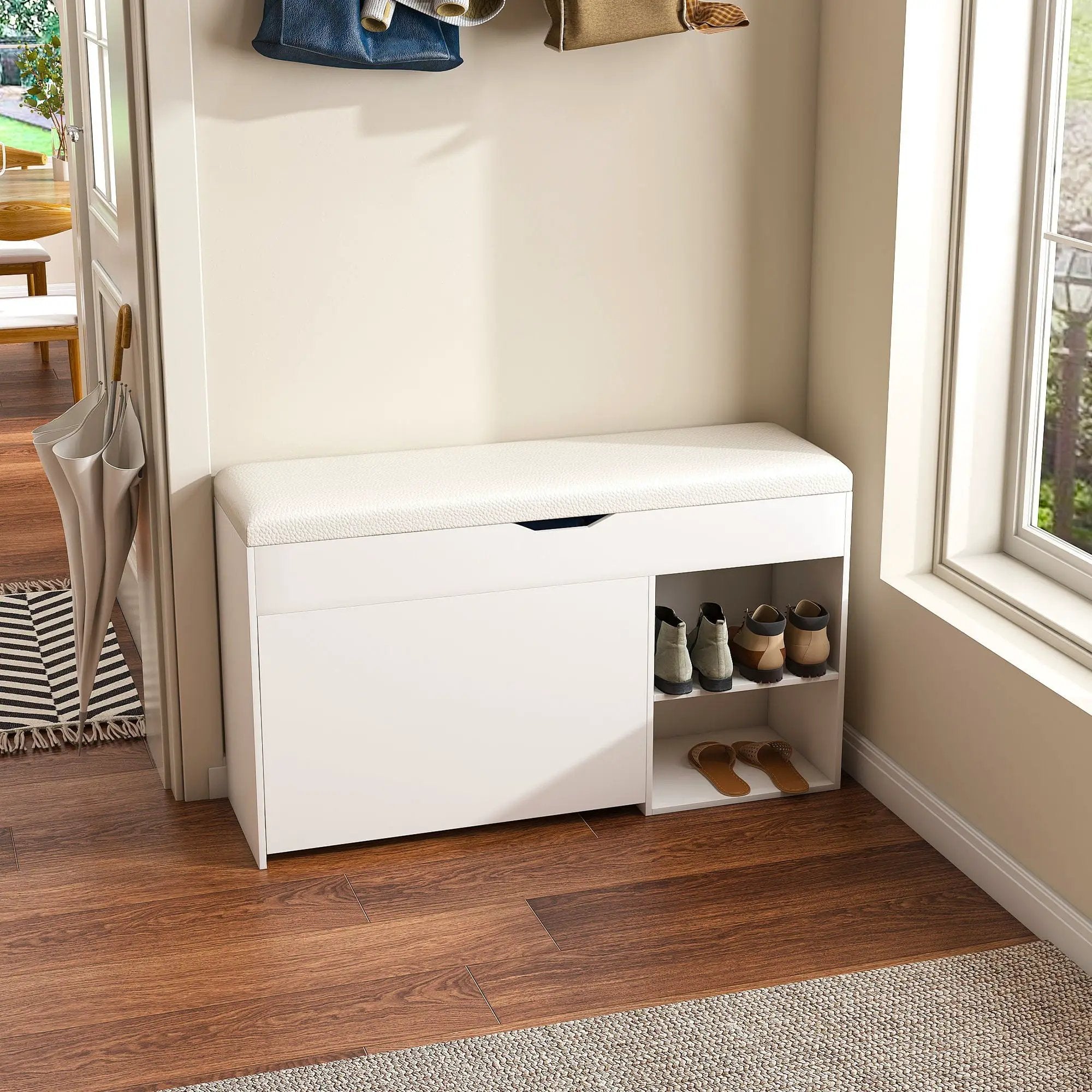 Modern Design Entryway Bench With Adjustable 3 Tier Flip-Up Drawers And Hidden Cabinet - White by Unique Piece Furniture