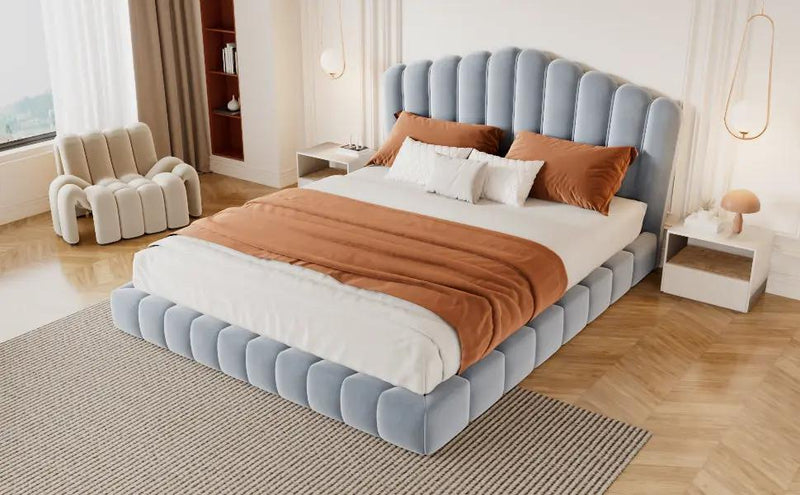 Velvet Upholstered Queen Bed with Shell-Shaped Headboard by HouseOfZazla
