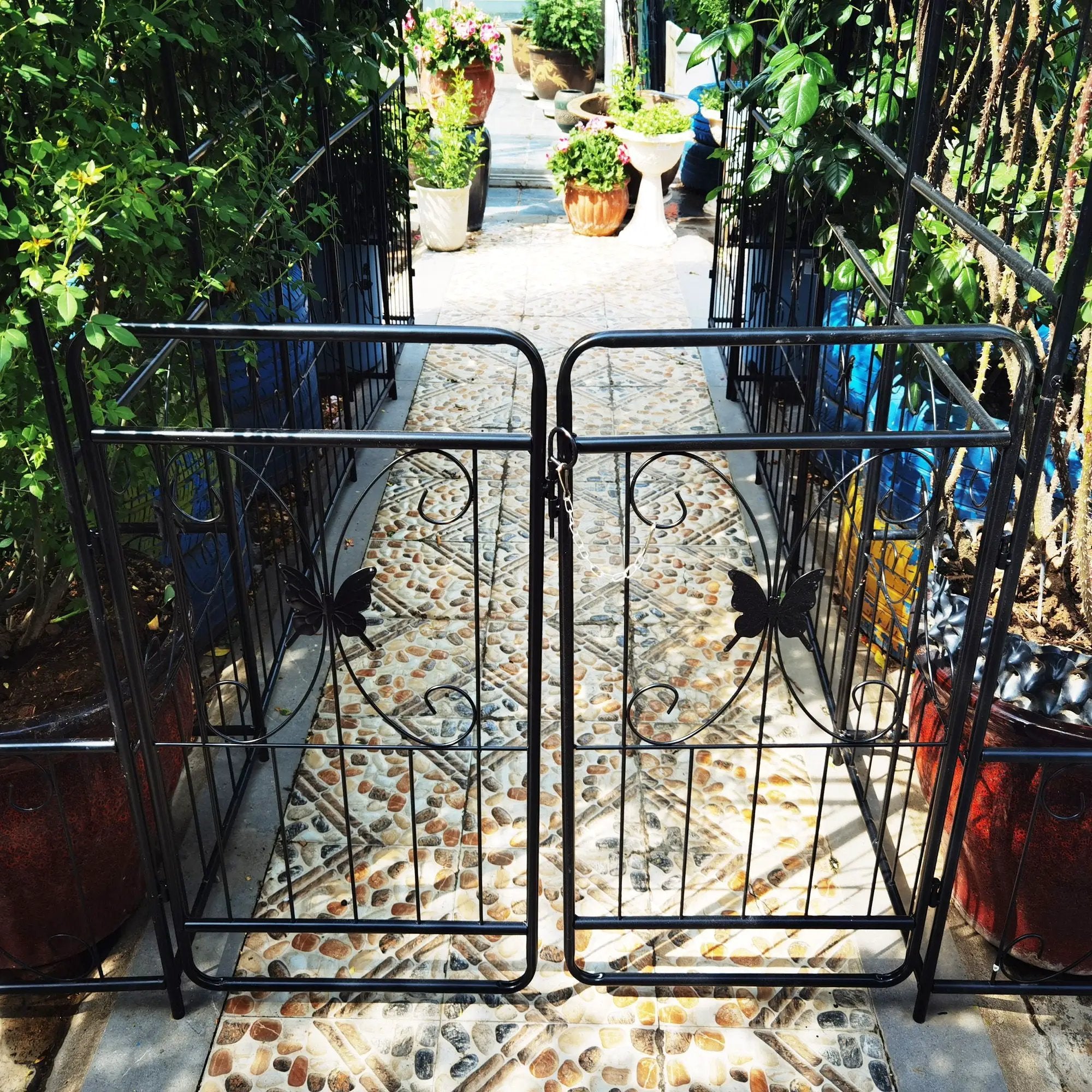 Metal Garden Arch With Gate High Climbing Plants Support Rose Arch Outdoor - Black by HouseOfZazla