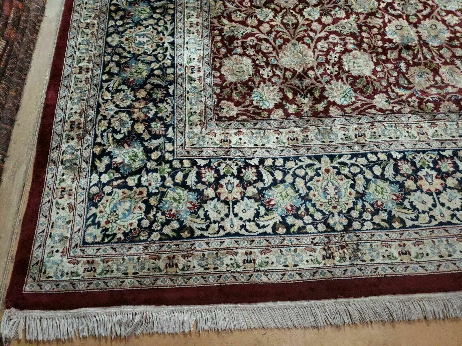 Persian Rug 9x12, Floral Allover, Very Fine, Handmade, Room Sized Oriental Carpet, Sino Persian, Maroon and Navy Blue by Jewel Rugs