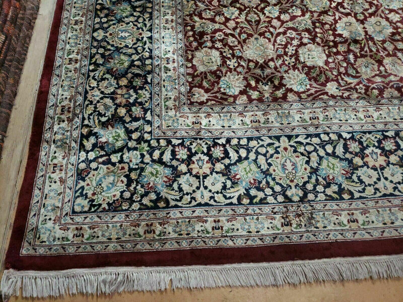 Persian Rug 9x12, Floral Allover, Very Fine, Handmade, Room Sized Oriental Carpet, Sino Persian, Maroon and Navy Blue by Jewel Rugs