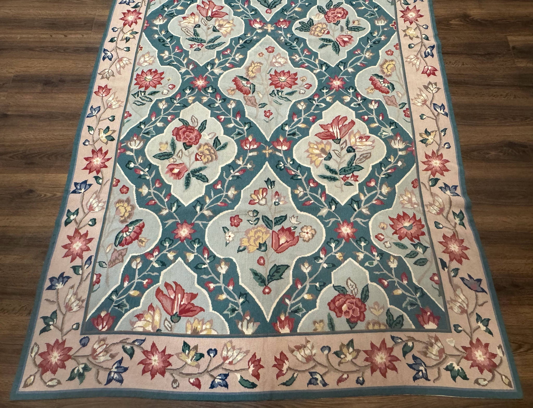 Teal Needlepoint Rug 6x9, Panel Design, Floral Bouquets, Handmade by Jewel Rugs