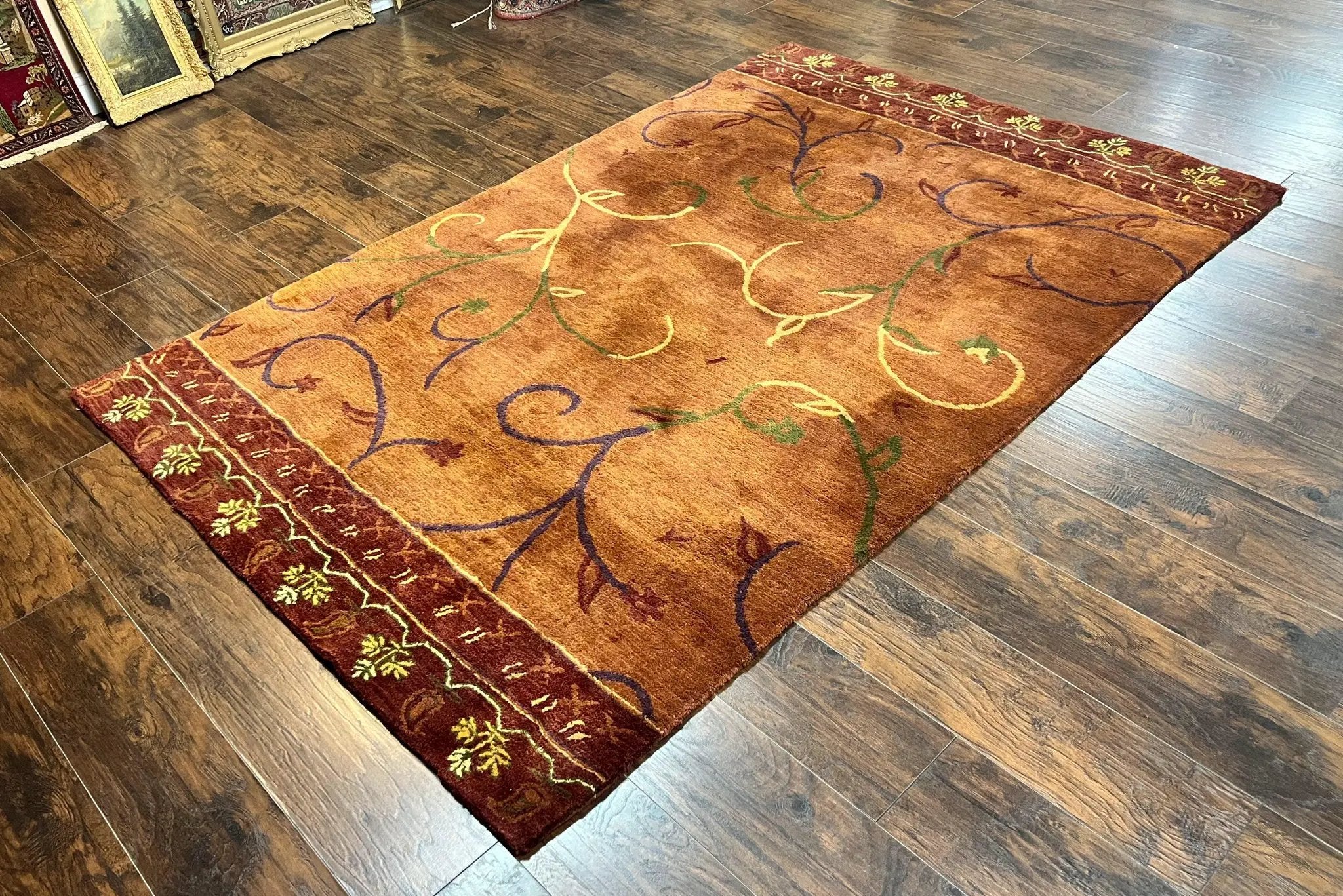 Pottery Barn Rug 5x8, Vintage Hand Tufted Carpet, Wool and Silk, Rust & Maroon by Jewel Rugs
