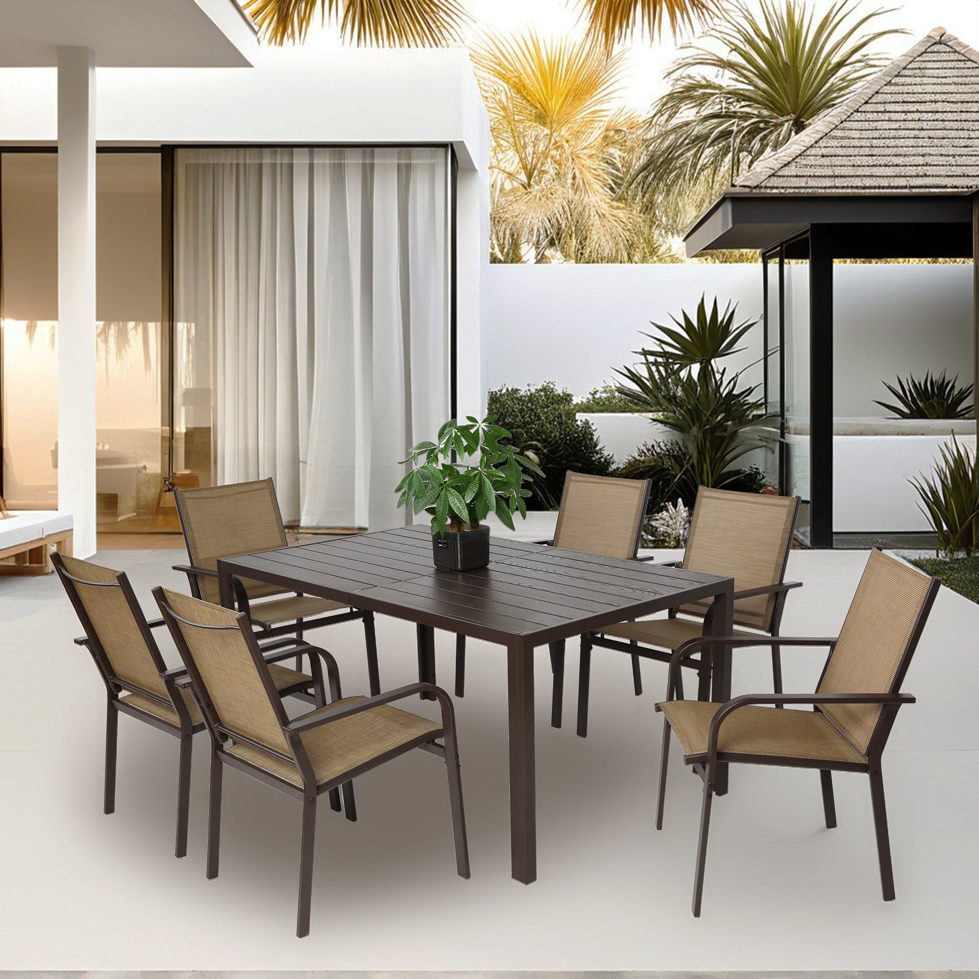 7 Pieces Patio Dining Set with Rectangular Table and 6 Textilene Chairs by HouseOfZazla