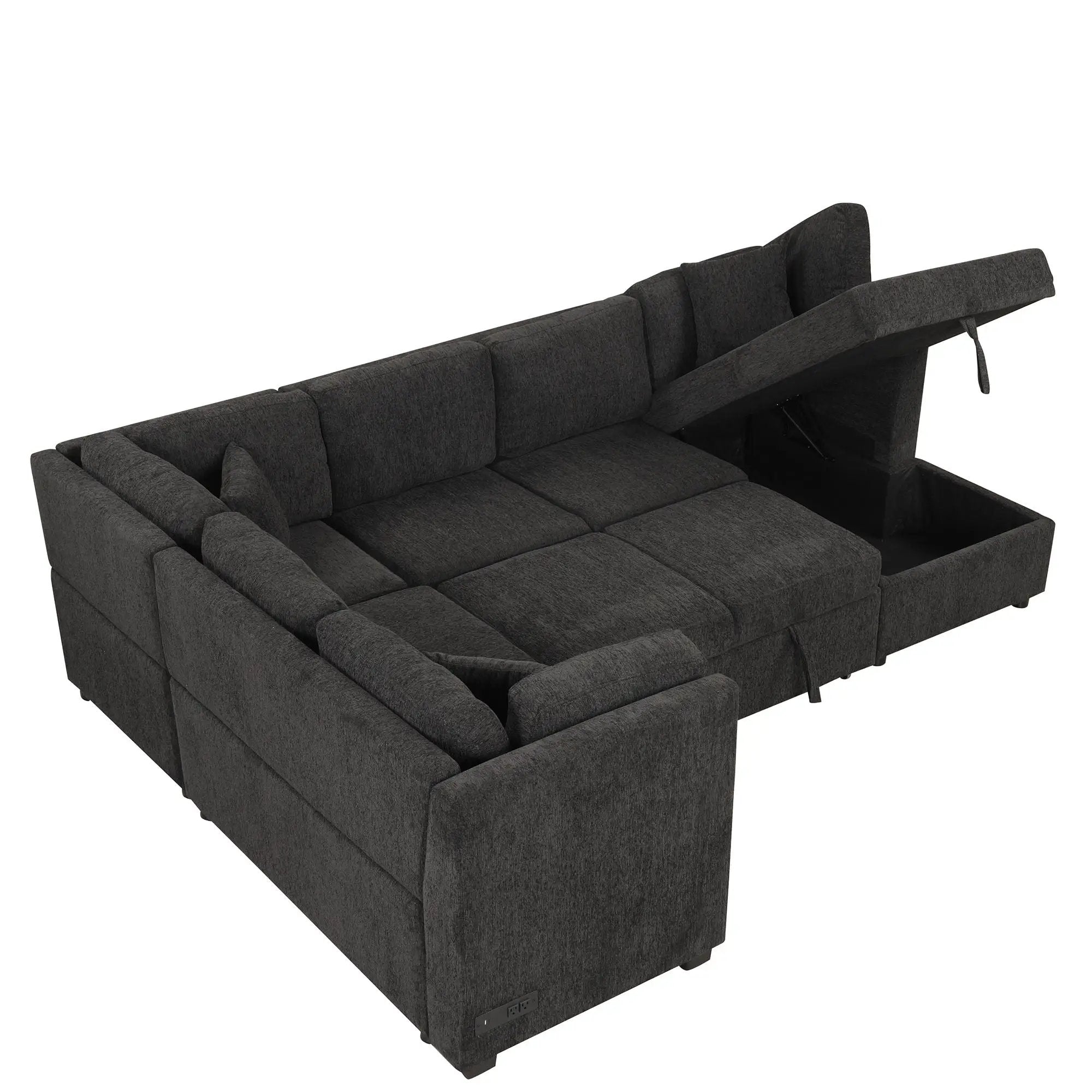 U-Shaped Sectional Sofa Pull Out Sofa Bed With Two USB Ports, Two Power Sockets, Three Back Pillows And A Storage Chaise For Living Room by HouseOfZazla