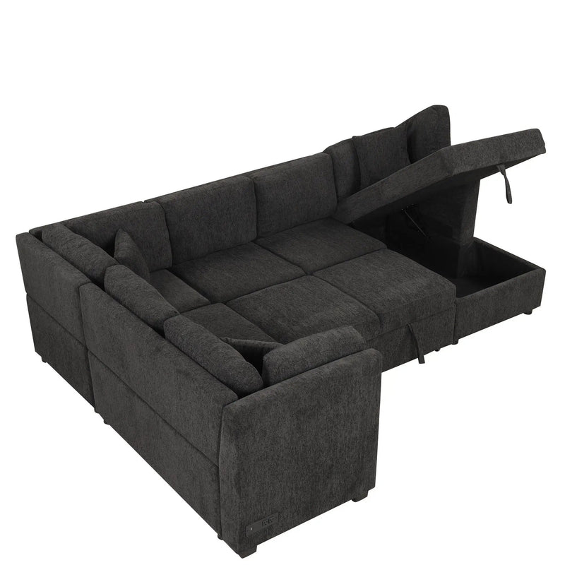 U-Shaped Sectional Sofa Pull Out Sofa Bed With Two USB Ports, Two Power Sockets, Three Back Pillows And A Storage Chaise For Living Room by HouseOfZazla