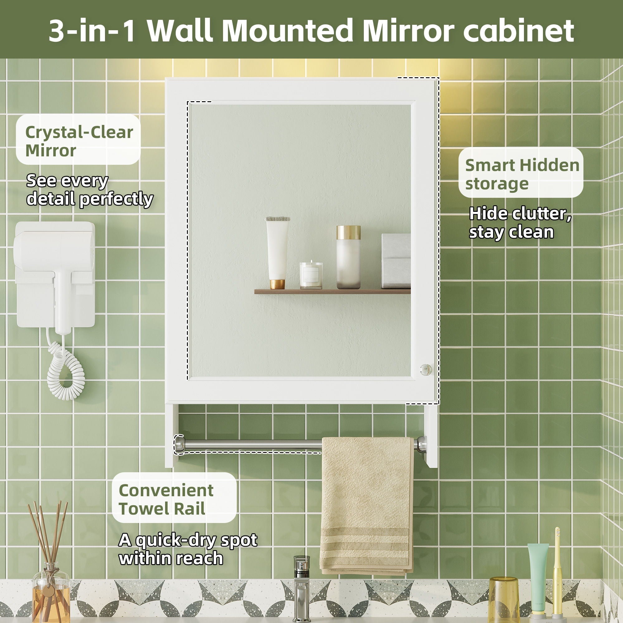 3 In 1 Wall Mounted Bathroom Mirror Cabinet With Adjustable Shelf, Soft Close Door, Mirror & Towel Bar - White by Unique Piece Furniture